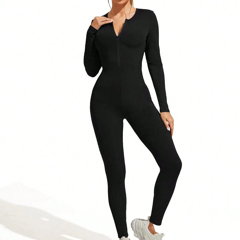 Pierced front zip-up jumpsuit Balck / L Balck / L