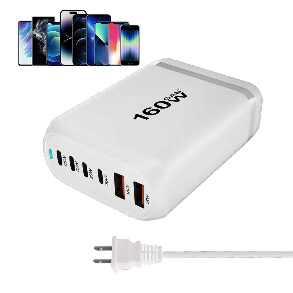 USB C Charger Block 160W,6-Port USB PD Charger,4 USB-A+2 USB-C Super Fast Charging Desktop Charging Station for iPhone/Samsung,GaN III 65W C Portable Adapter for Laptops/Tablets/MacBookPro/Air/iPad White