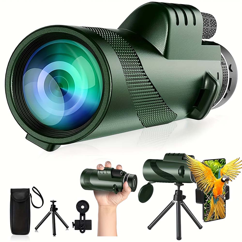 80x100 High-power HD Smartphone Monocular with Tripod & Adapter - Low Light Vision for Wildlife, Bird Watching, Hunting & Hiking Green