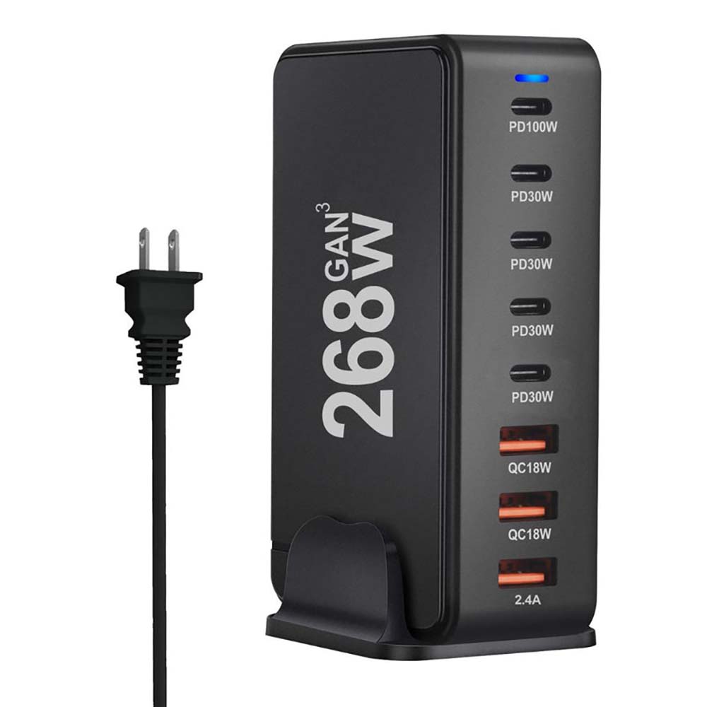 268W Fast Charging Blocks,8-Port Fast USB C Charging Station with 5 USB-C+3 USB-A,Portable Multiport USB Charging Block Wall Hub for iPhone 15 14 13 12 iPad MacBook Galaxy Pixel Switch,GaN Charger Box Black