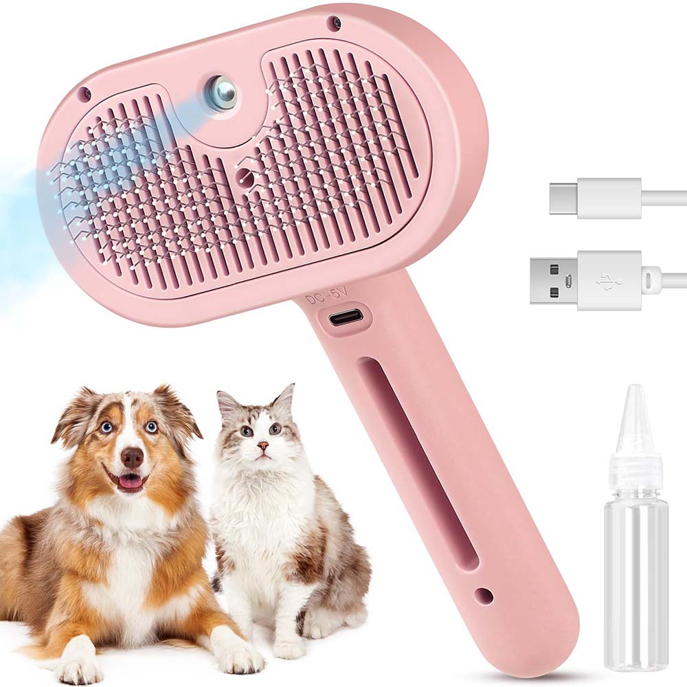 Pet Steam Brush for Shedding Long & Short Fur, Self-Cleaning Hair Removal Comb with Water Tank and Spray for Grooming Pink