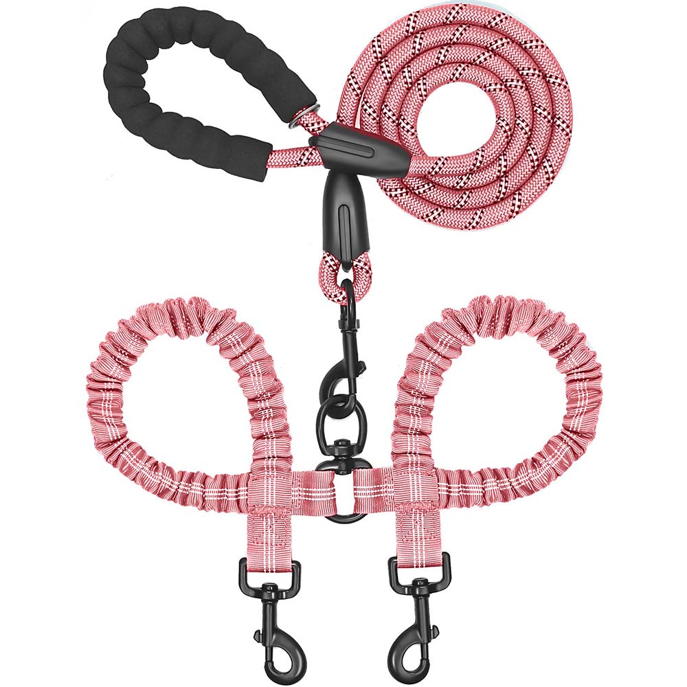 Dual Dog Leash - 360° Swivel, No-Tangle Double Dog Leash with Shock Absorbing Bungee for Two Dogs, Black, Large (25-150 lbs) Pink