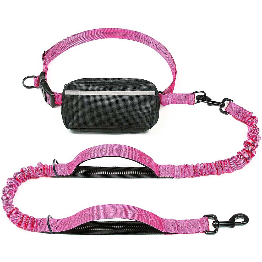 Hands Free Dog Leash with Zipper Pouch, Dual Padded Handles and Durable Bungee for Walking, Jogging and Running Your Dog (Large, 25-120 lbs) Pink