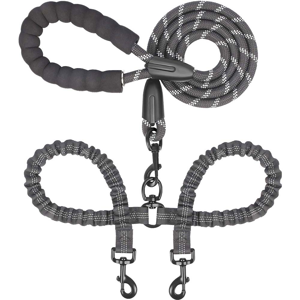 Dual Dog Leash - 360° Swivel, No-Tangle Double Dog Leash with Shock Absorbing Bungee for Two Dogs, Black, Large (25-150 lbs) Black