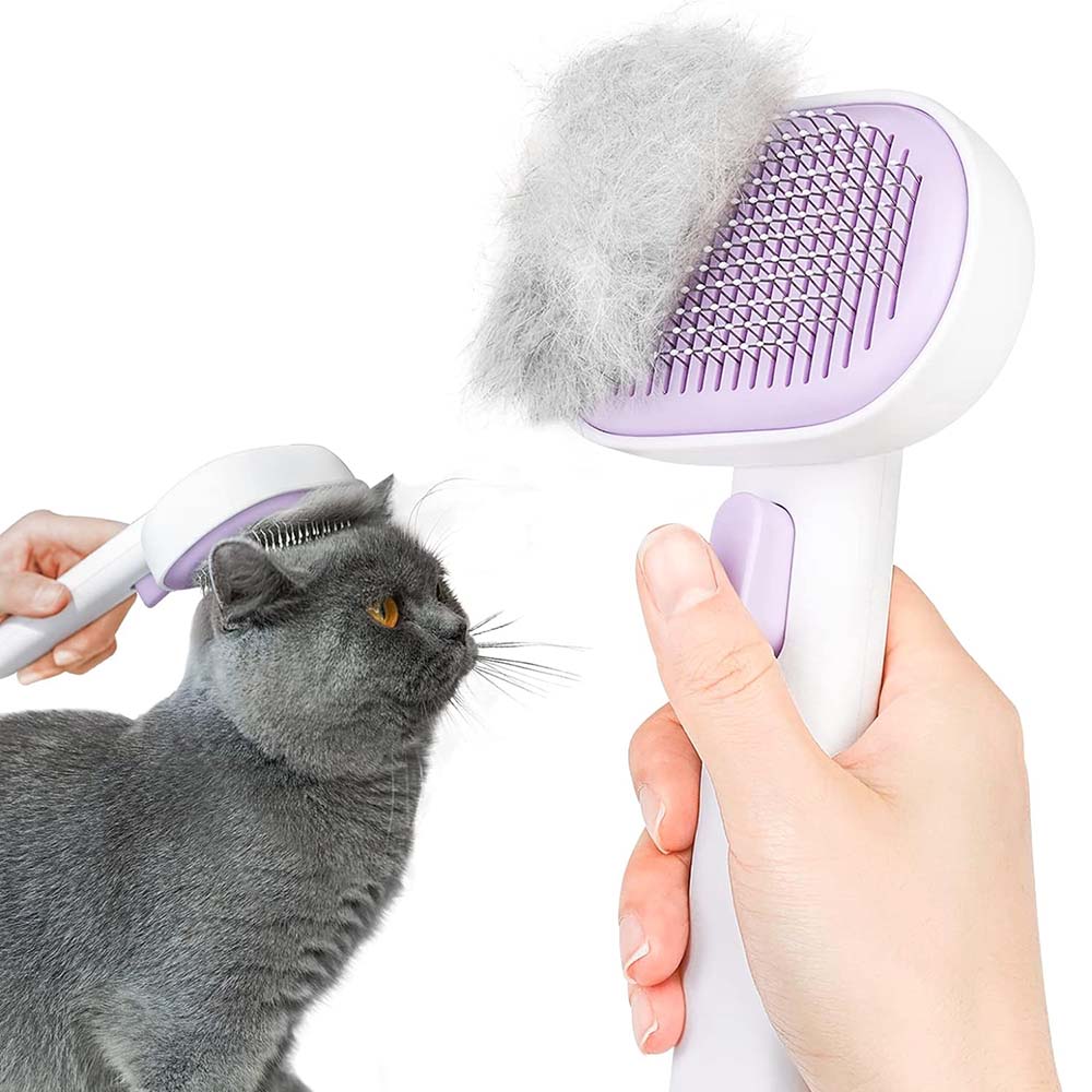 Cat Shedding Brush with Release Button Grooming Brush for Long & Short Haired Cats, Kittens, Rabbits Removes Loose Fur & Provides Gentle Massage Purple