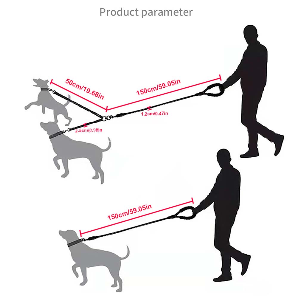 3 - Dual Dog Leash - 360° Swivel, No-Tangle Double Dog Leash with Shock Absorbing Bungee for Two Dogs, Black, Large (25-150 lbs) Red