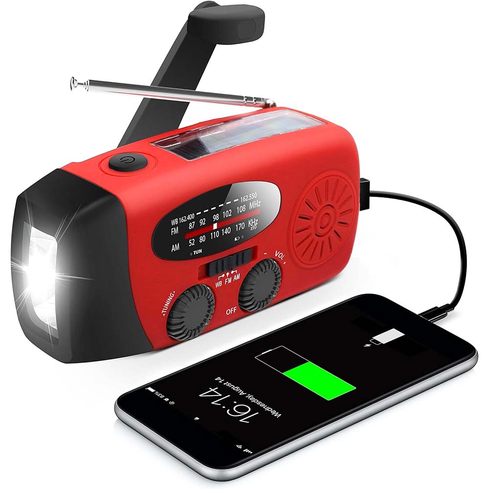 Hand Crank Solar-Powered Portable Mini Emergency Survival Radio with 3 LED Super Bright Flashlight, 2000mAh Battery Operated Power Bank, Smartphone Charger, and SOS Alert. Red