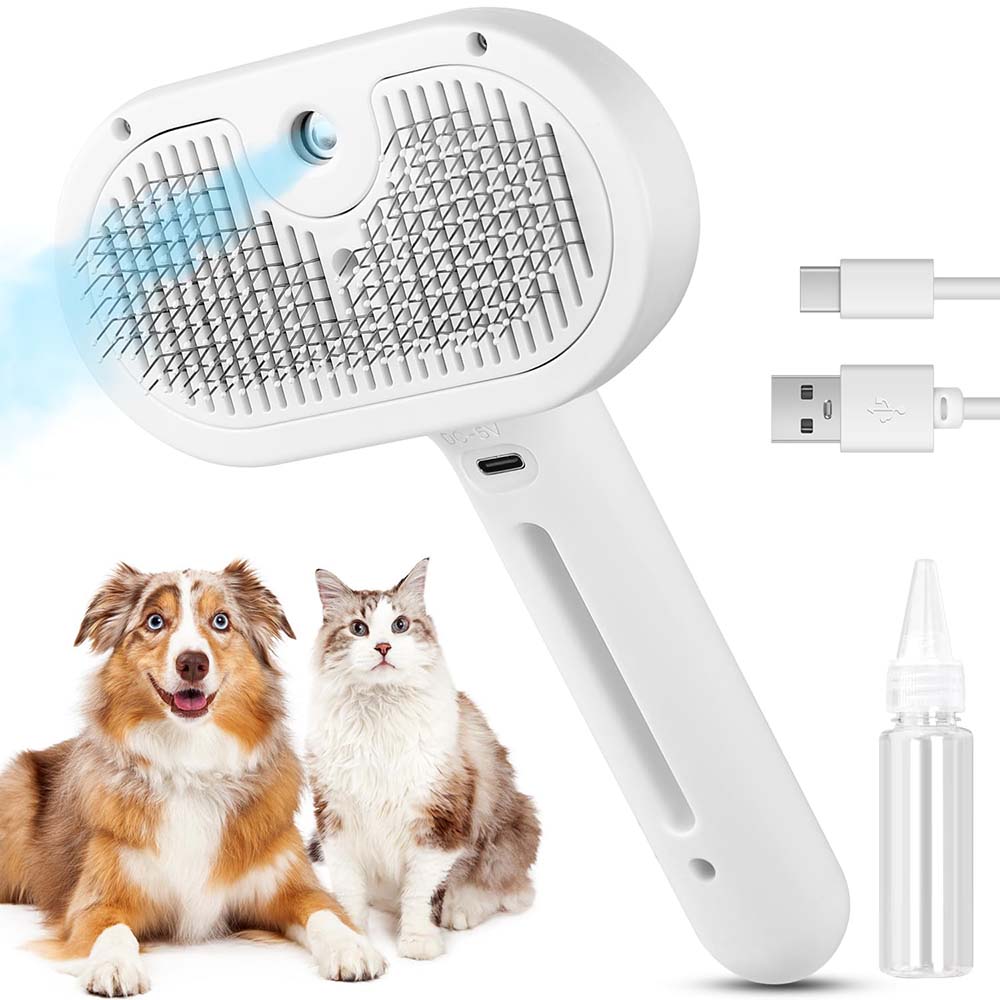 Pet Steam Brush for Shedding Long & Short Fur, Self-Cleaning Hair Removal Comb with Water Tank and Spray for Grooming White