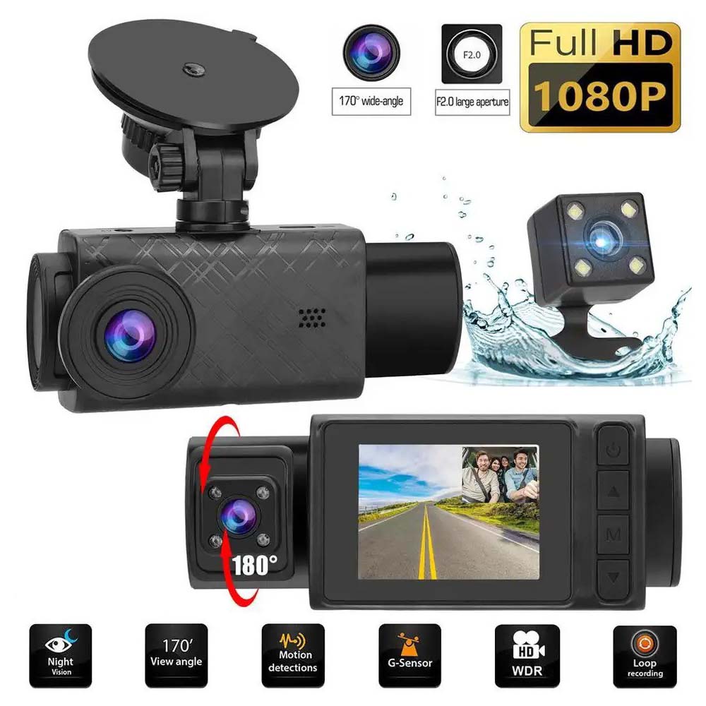 3 Channels Camera Dash Cam For Cars Front HD 1080P Inside Cabin And Rear With 2 Inch IPS Screen Car DVR Video Recorder, Loop Recording, G-Sensor Auto Reverse Parking View With 32G Card Front+Inner+Rear +32G