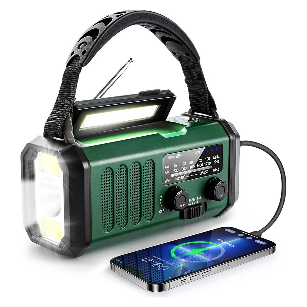 Emergency Solar NOAA/AM/FM Weather Radio with USB Type-C Charging, Dynamo Power, Polymer Battery, Torch & LED Reading Light, SOS Alarm, and Compass for Camping (Green/Black) Green